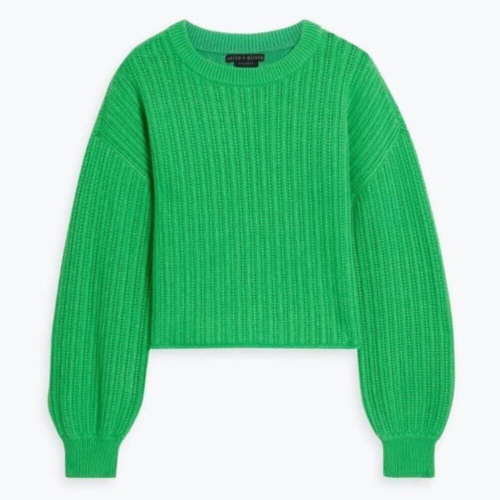 Alice + Olivia Ansley Cashmere Sweater Green Ribbed Knit Cropped XL - Picture 2 of 9